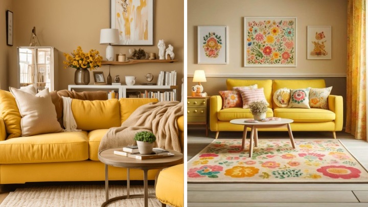 دکوراسیون لیوینگ روم مدرن با رنگ زرد