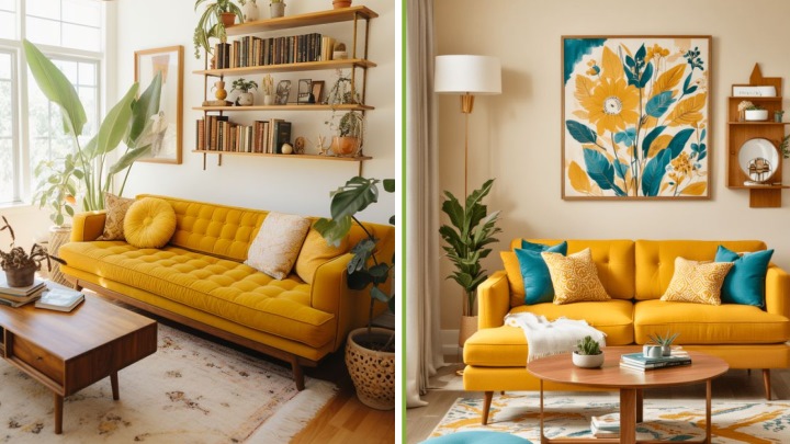 دکوراسیون لیوینگ روم کلاسیک با رنگ زرد