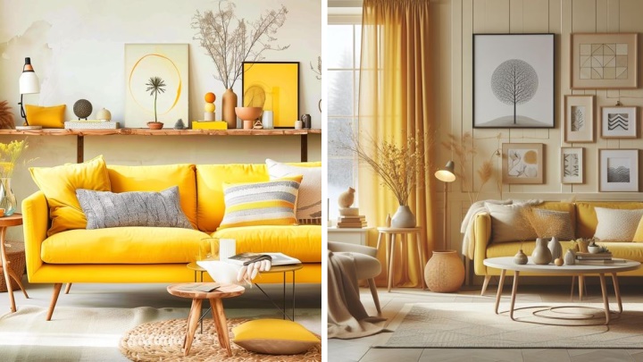 دکوراسیون لیوینگ روم مینیمال با رنگ زرد