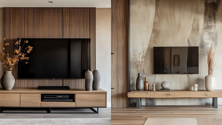 تی وی وال‌های تلفیقی: ترکیبی از چوب، سنگ و فلز برای یک طراحی منحصر به فرد