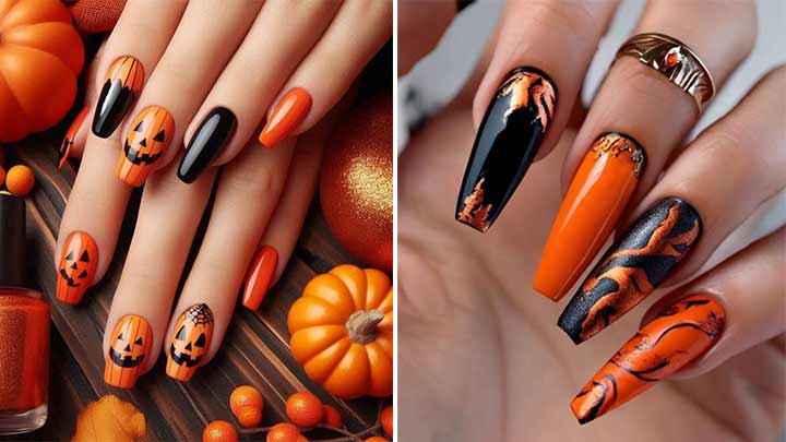 طراحی ناخن پاییزی نارنجی و مشکی طراحی ناخن پاییزی نارنجی و مشکی