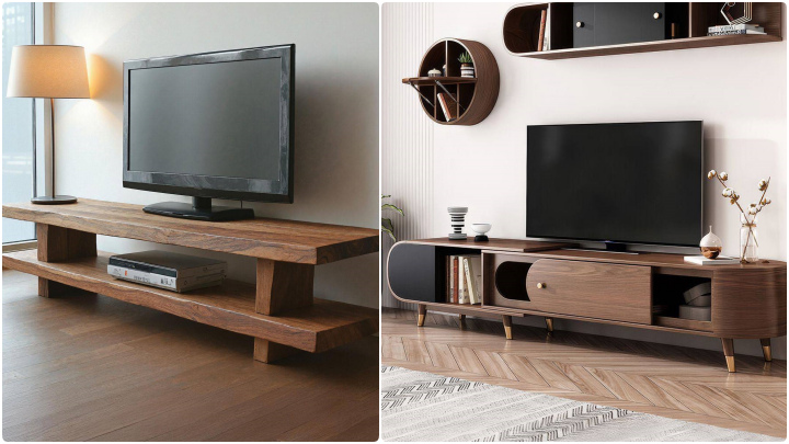 میز تلویزیون چوبی محکم و قهوه‌ای