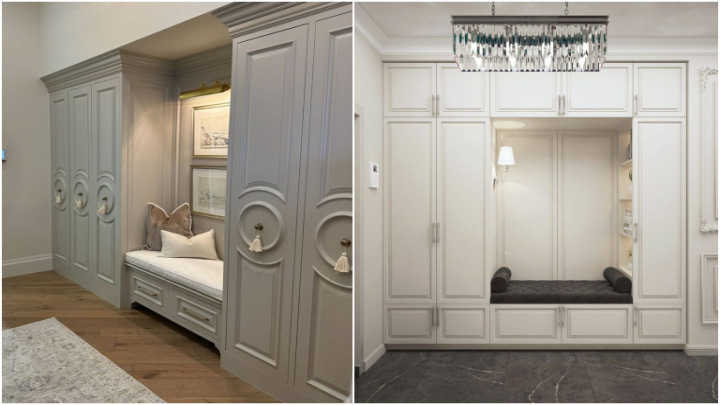 کمد دیواری مناسب سالن پذیرایی همراه با نشیمن