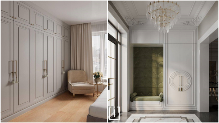 کمد دیواری مناسب سالن پذیرایی همراه با نشیمن زیبا