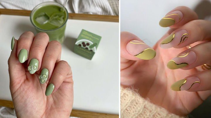 ناخن سبز ماچایی ترند با طرح‌های متفاوت