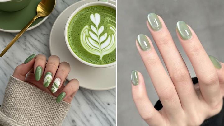 ناخن سبز ماچایی شیک با طرح‌های جالب
