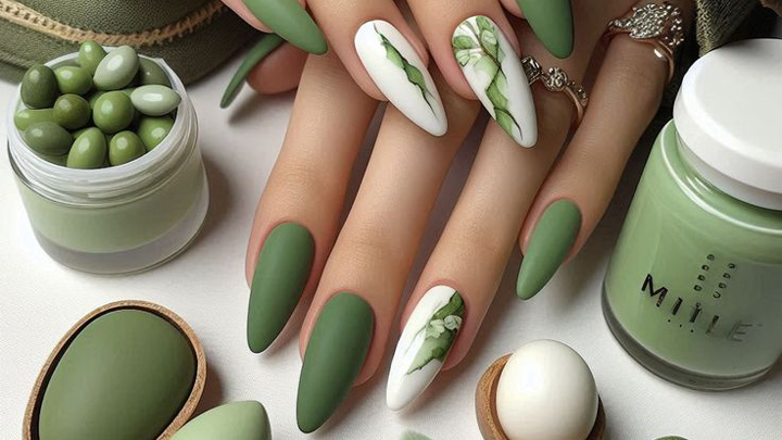 ترکیب سبز ماچا با رنگ‌های خنثی برای ناخن بلند