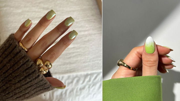 طرح ناخن شیک مربعی با رنگ سبز ماچا
