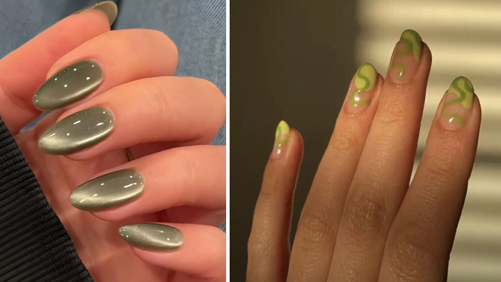 طرح ناخن بادامی آیس با رنگ سبز ماچا