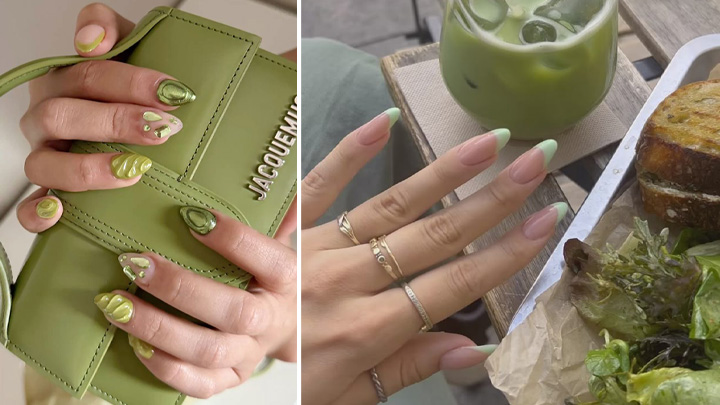 طرح ناخن بادامی بلند با رنگ سبز ماچا