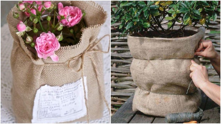 ساخت پوشش گلدانها با گونی برنج ساخت پوشش گلدانها با گونی برنج