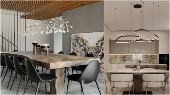 لوستر آویز مدرن بالای میز ناهارخوری