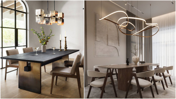 لوستر با طرح و اندازه‌ی مناسب بالای میز ناهارخوری