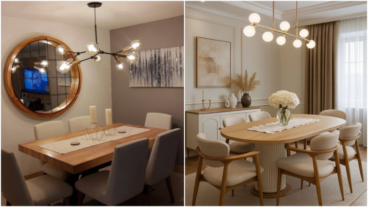لوستر با مدل‌های متفاوت بالای میز ناهارخوری