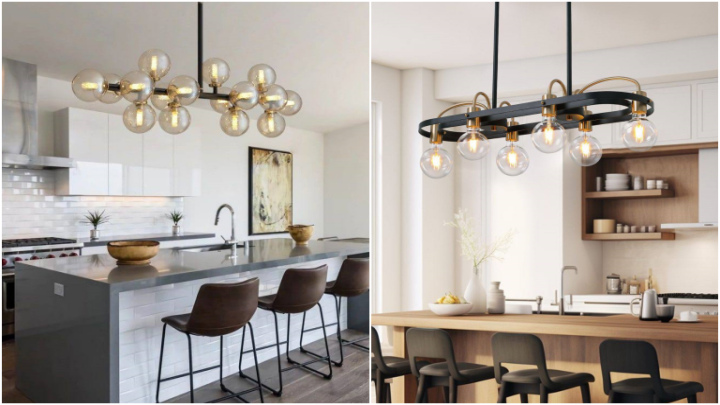 لوستر با مدل‌های گرد و توپی بالای میز ناهارخوری
