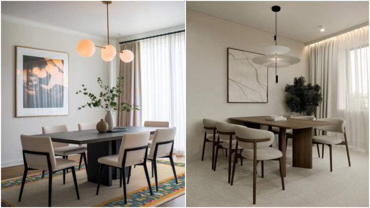 لوستر با مدل‌های ساده و مینیمال بالای میز ناهارخوری