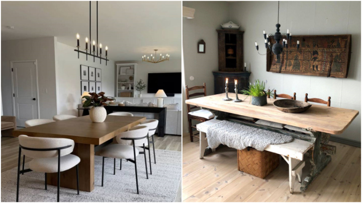 لوستر طرح خطی با اندازه‌ی مناسب بالای میز ناهارخوری