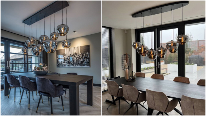 لوستر با اندازه‌های متفاوت بالای میز ناهارخوری