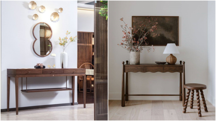 چیدمان کنسول به همراه آینه‌ و تابلوهای مدرن