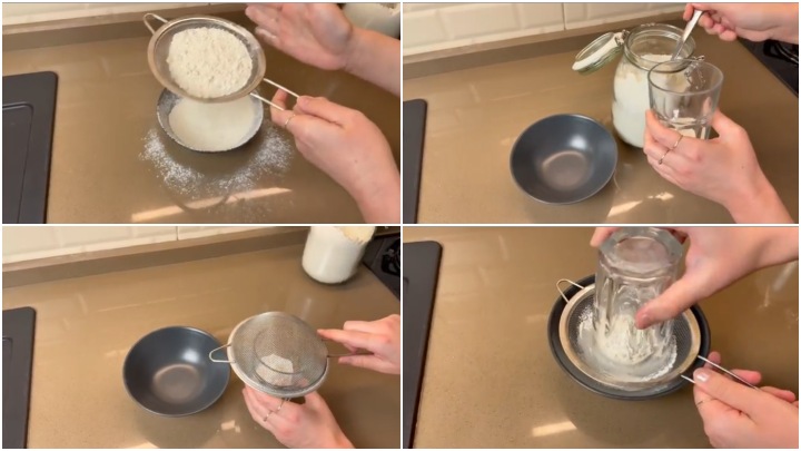 ترفند کاربردی خانهداری با وسایل ساده آشپزخانه؛ الک کردن آرد بدون کثیفکاری ترفند کاربردی خانهداری با وسایل ساده آشپزخانه؛ الک کردن آرد بدون کثیفکاری