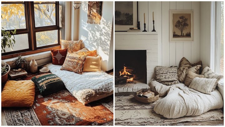 دیزاین پاییزی دکوراسیون با چیدمان خلاقانه کوسن‌ها