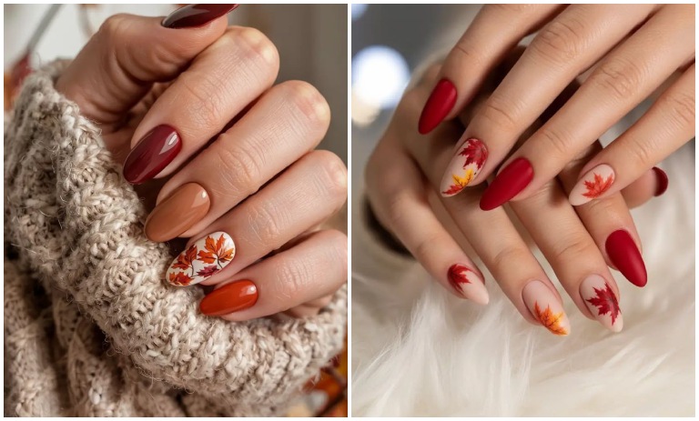 طراحی ناخن پاییزی برگدار