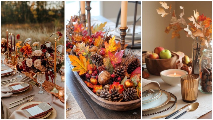 استفاده از برگ، کدو و شاخه برای میز پذیرایی با تم پاییز