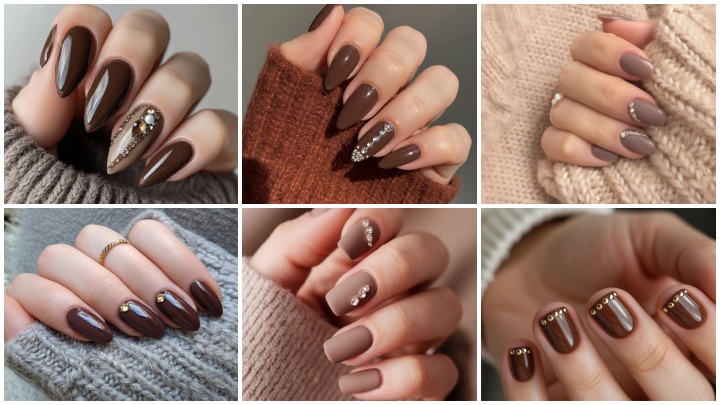 ترندهای ناخن قهوه‌ای برای پاییز ۱۴۰۴؛ استفاده از کریستال‌ها و سنگ‌های تزئینی