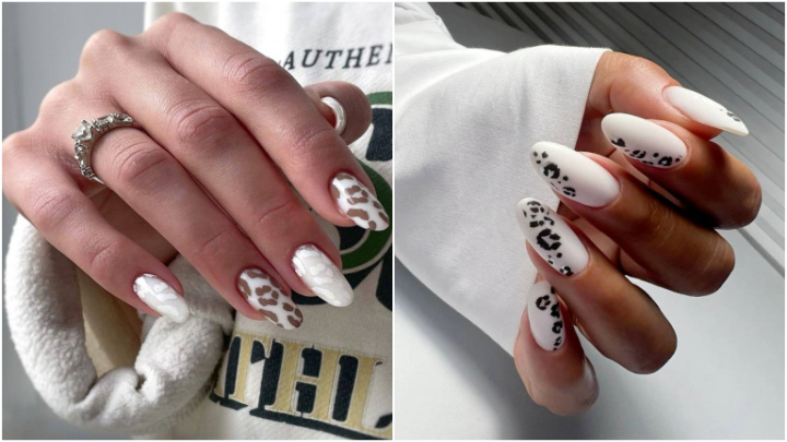 ایده‌ ناخن‌ سفید با طرح پلنگی مشکی و قهوه‌ای