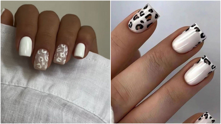 ایده‌ ناخن‌ قهوه‌ای یا سفید با طرح پلنگی تیره