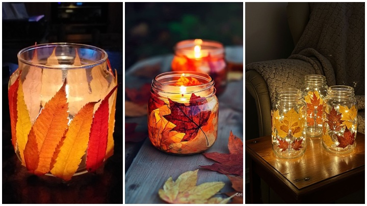 ساخت کاردستی با برگ پاییزی؛ شمع‌دانی پاییزی با برگ خشک