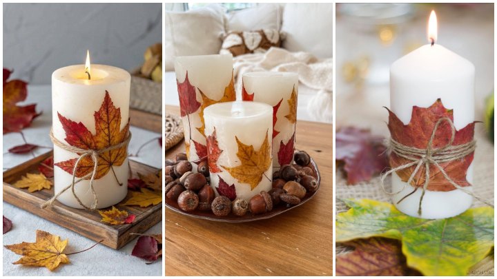 ساخت کاردستی با برگ پاییزی؛ تزئین شمع با برگ و نخ کنفی