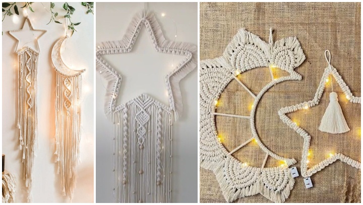 آویزهای دیواری مکرومه؛ طرح ماه و ستاره با چراغهای LED آویزهای دیواری مکرومه؛ طرح ماه و ستاره با چراغهای LED
