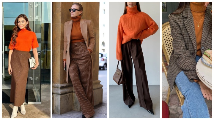 پلیور نارنجی در کنار دامن قهوه‌ای، استایل پاییزی