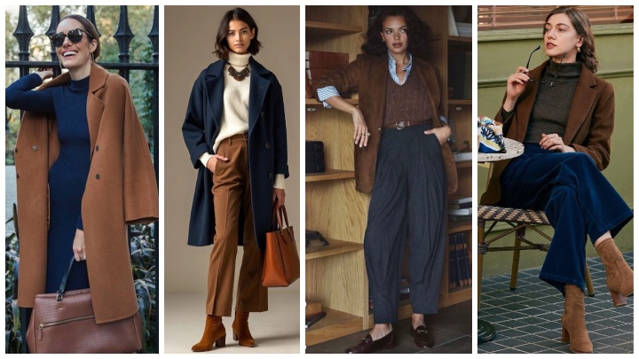 ترکیب قهوه‌ای و آبی نفتی؛ استایل پاییزی خاص