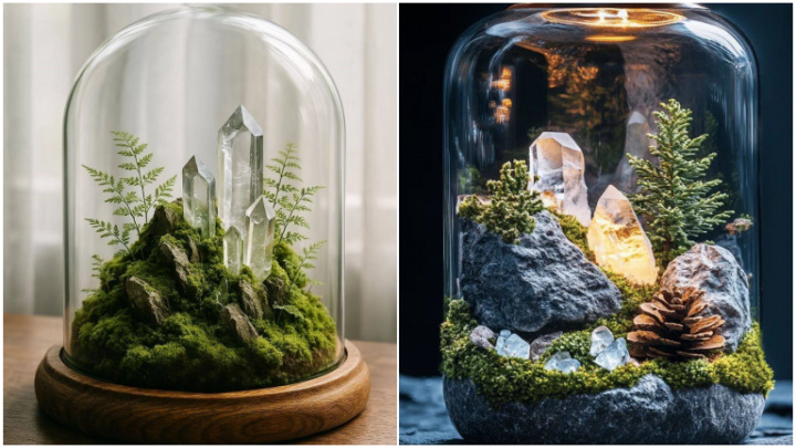 تزیین تراریوم با کریستال و سنگهای نیمه قیمتی شیک تزیین تراریوم با کریستال و سنگهای نیمه قیمتی شیک