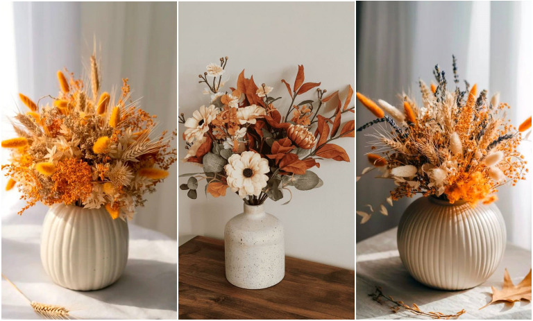 تزیین گلدان گل با تم پاییزی برای دکوراسیون داخلی