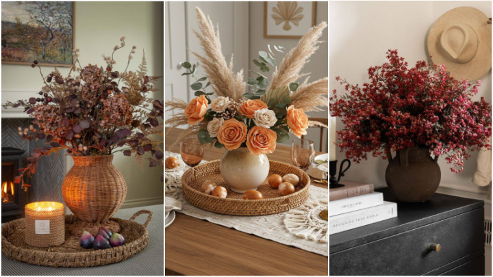 تزیین دکوراسیون داخلی پاییزی با گلدان‌ و ظرف‌های حصیری