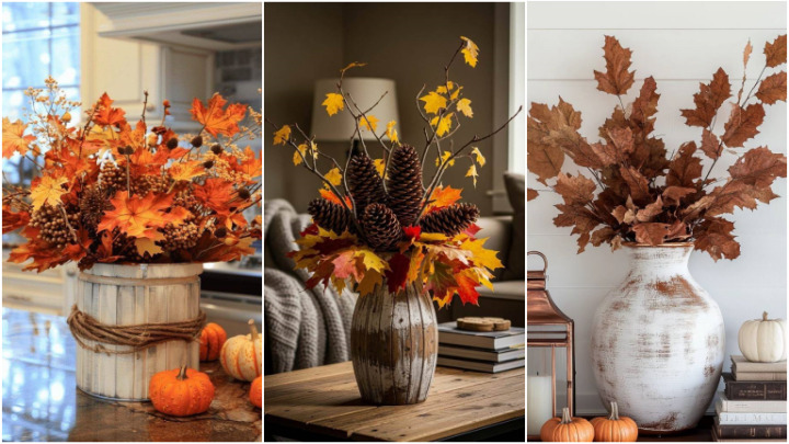 تزیین دکوراسیون داخلی پاییزی با برگ‌های خشک پاییز