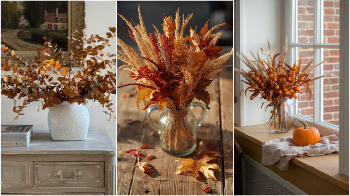 تزیین دکوراسیون داخلی پاییزی با گلدان و برگ‌های نارنجی