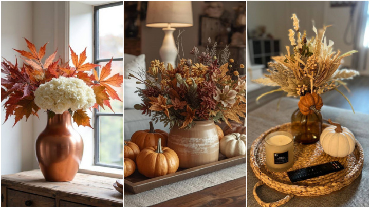 تزیین دکوراسیون داخلی با گلدان‌ پاییزی و برگ