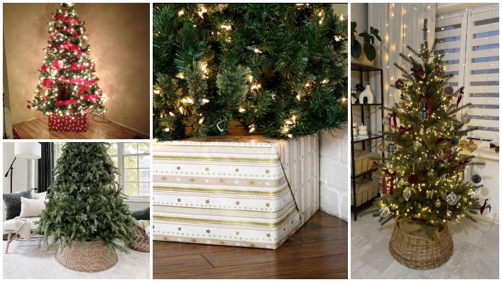 تزئیین پایه‌ی درخت کریسمس با پوشاندن آن