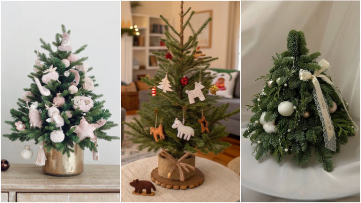 درخت کریسمس به همراه آویزهای سفید و کوچک