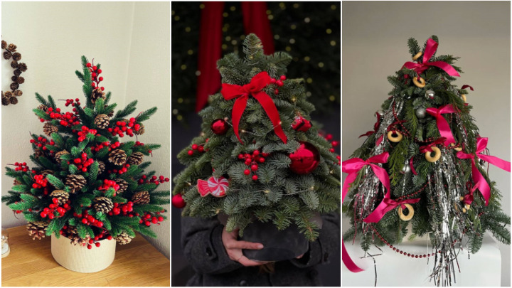 درخت کریسمس به همراه آویز و پاپیون‌های قرمز