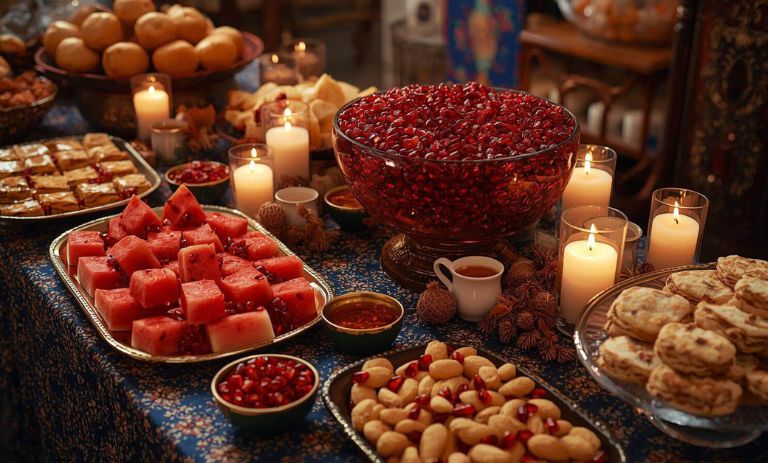 ایده‌های یلدایی 1404 برای تزئین سفره یلدا، کیک و دسر و تنقلات