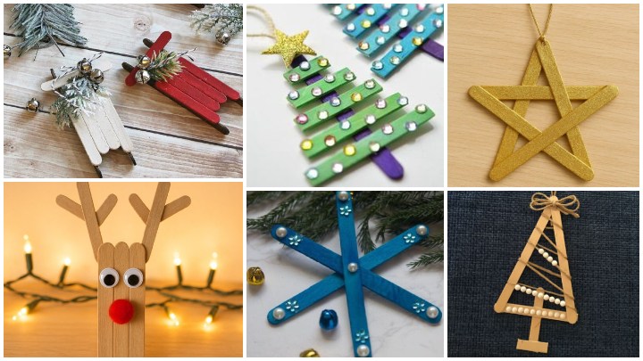 آویزهای چوبی با چوب بستنی و چوب‌های اضافی برای درخت کریسمس