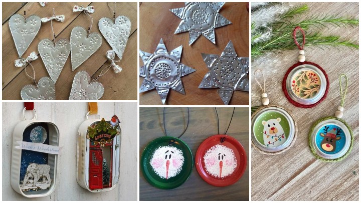 آویزهای بازیافتی با قوطی‌ها و فلزات کوچک برای درخت کریسمس