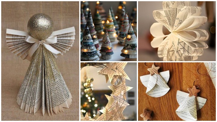 تزئیین درخت کریسمس با ستاره‌ها و اشکال هنری با مجلات و روزنامه‌های قدیمی