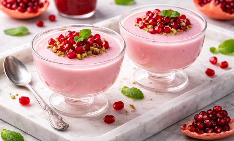 طرز تهیه فرنی انار؛ دسر خوشمزه یلدایی با ایده تزیین