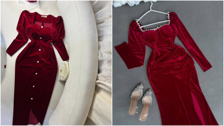 لباس شب یلدایی عروس با پارچه ساتن و سنگ دوزی شده